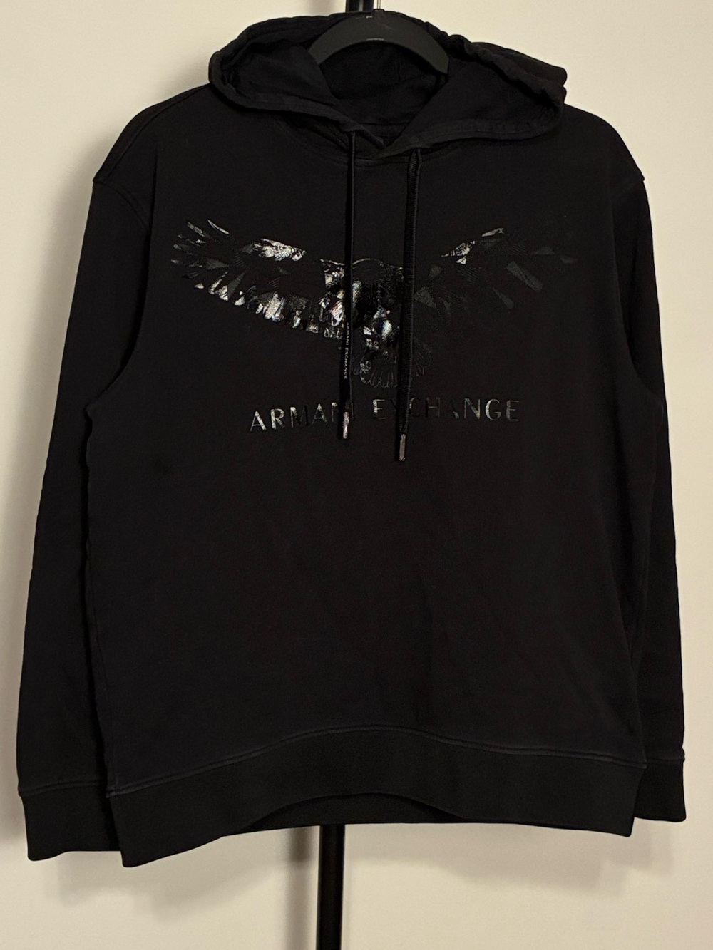Armani Exchange Black Pullover Hoodie with Gloss Eagle Graphic Large
